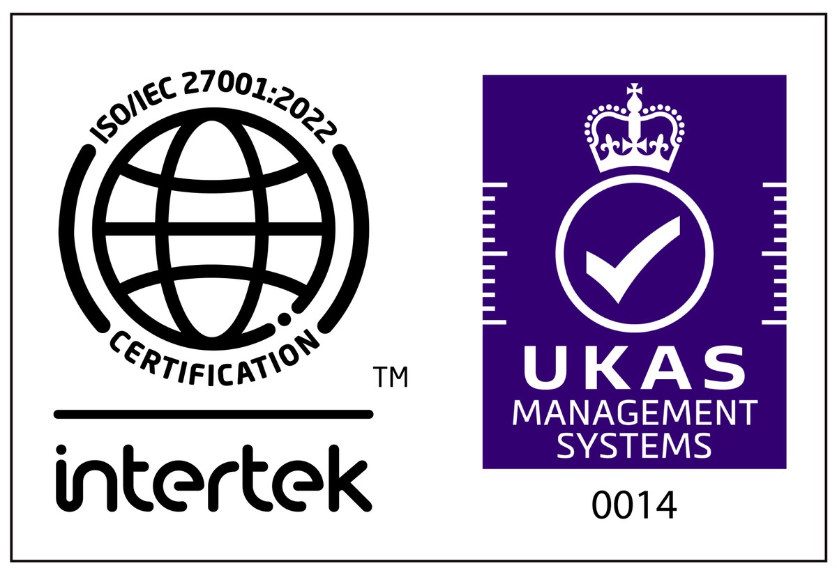 ISO/IEC 27001:2022 ISMS認証マーク（Intertek／UKAS 認定番号0014）